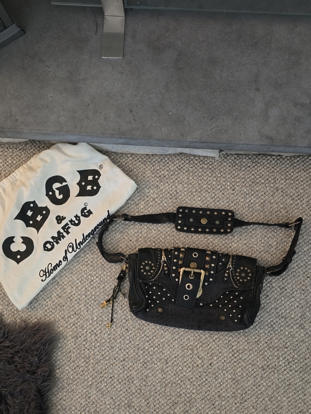 RARE CBGB Black Leather Studded Shoulder Bag with Gold Hardware